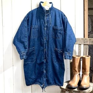 Vintage MONTANA Long Denim Sherpa Barn Chore Jacket Size Large Women’s